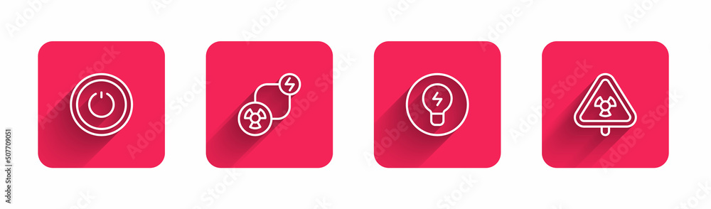 Poster Set line Power button, Radioactive exchange energy, Light bulb with concept of idea and Triangle radiation with long shadow. Red square button. Vector
