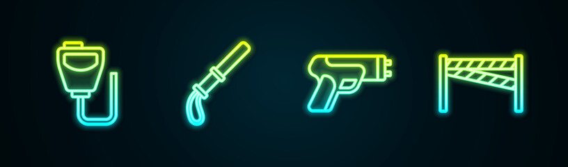 Set line Walkie talkie, Police rubber baton, electric shocker and Crime scene. Glowing neon icon. Vector