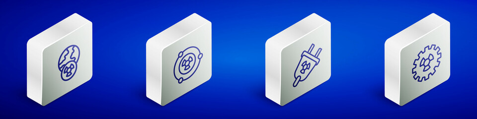 Set Isometric line Planet earth and radiation, Radioactive, Radiation electrical plug and icon. Vector