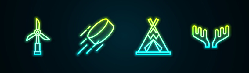 Set line Wind turbine, Hockey puck, Indian teepee or wigwam and Deer antlers. Glowing neon icon. Vector © Kostiantyn
