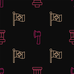 Set line Inukshuk, Flag of Canada and Wooden axe on seamless pattern. Vector
