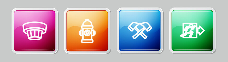 Set line Smoke alarm system, Fire hydrant, Firefighter axe and exit. Colorful square button. Vector