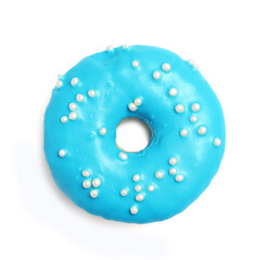 Sweet delicious glazed donut decorated with sprinkles on white background, top view