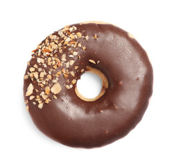 Sweet delicious glazed donut on white background, top view