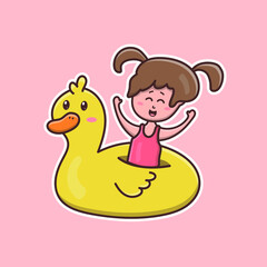 Cute cartoon girl in a swim balloon in vector illustration. Isolated human vector. Flat cartoon style