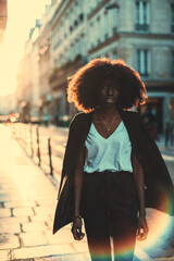 A young dazzling black female with fluffy afro hair, in a coat, slung over her shoulders is...