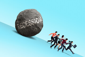 Business people runaway to avoid recession word
