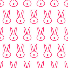 Seamless pattern with kawaii bunny head. Cute cartoon rabbit muzzle pastel pink on white background. Easter, baby shower, kid’s clothes, textile design. Vector illustration