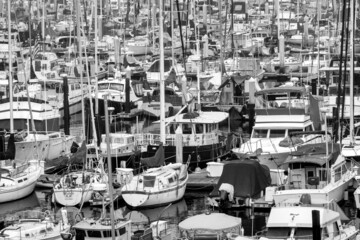 Fototapeta premium Dozens of boats moored at harbor in Santa Barbara, creating abstract pattern of masts and hulls. Black and white