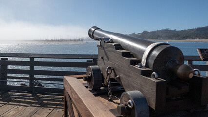 SANTA BARBARA, CA, NOV 2021: cannon on the pier, pointing out to the Pacific Ocean on a clear day with blue skies