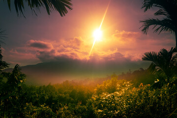 dramatic misty sunset in the mountains