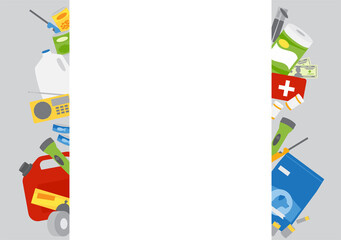 A group of emergency supplies, hurricane and disaster preparedness items behind white copy space.
