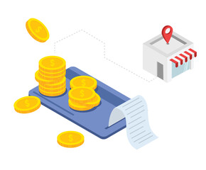 cash piled up and buildings erected illustration set. gold coin, location, store, market. Vector drawing. Hand drawn style.