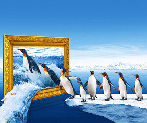 beautiful 3d wallpaper with penguin and  frame