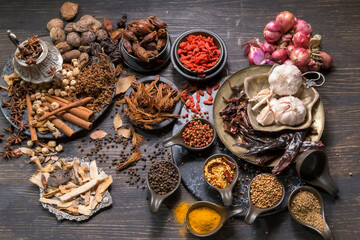 set of international spices and condiments consisting of cinnamon, clove, anise,
Dried Mandarin Orange Peels 