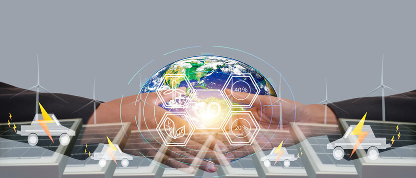 Double exposure Business people. Energy-saving collaboration, alternative energy use  changing world, electric car in concept of green energy and eco power reduce CO2 emission.solar and wind .