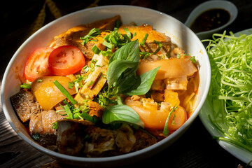 Vietnam traditional street food bun rieu cua crab rice noodle soup bowl