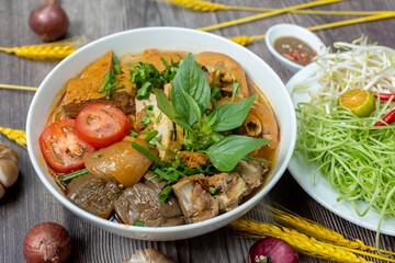 Vietnam traditional street food bun rieu cua crab rice noodle soup bowl