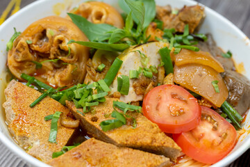 Vietnam traditional street food bun rieu cua crab rice noodle soup bowl