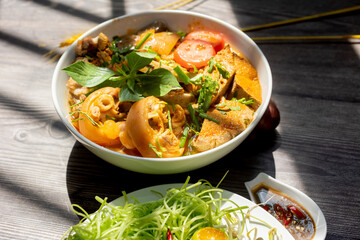 Vietnam traditional street food bun rieu cua crab rice noodle soup bowl
