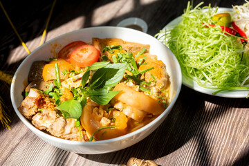 Vietnam traditional street food bun rieu cua crab rice noodle soup bowl