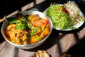 Vietnam traditional street food bun rieu cua crab rice noodle soup bowl