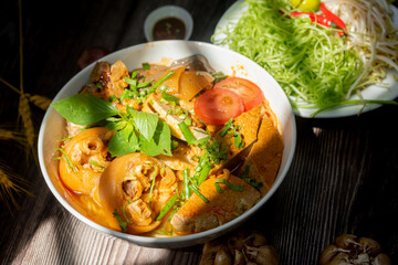 Vietnam traditional street food bun rieu cua crab rice noodle soup bowl