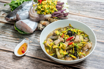 Vietnam traditional street food bun mam vermicelli noodles soup bowl (VIETNAMESE FERMENTED FISH...