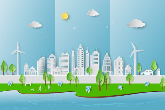 Eco Friendly And Green Energy Concept With Eco City On Paper Art Style