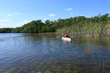 Fototapeta na wymiar Woman kayaking on Nine Mile Pond in Everglades National Park, Florida on clear sunny April afternoon.