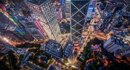 Hong Kong city at night from aerial view  