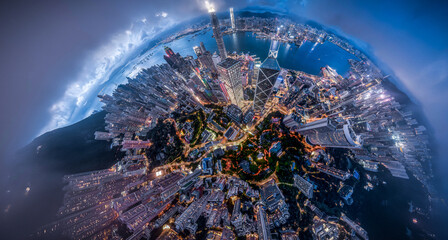 Hong Kong city at night from aerial view  