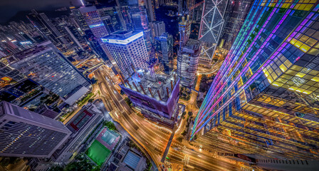 Hong Kong city at night from aerial view 