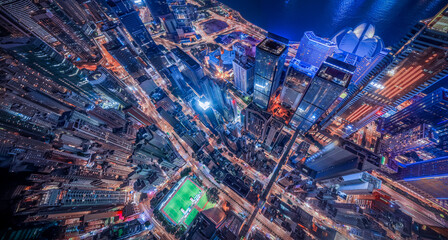 Hong Kong city at night from aerial view  