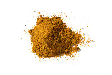 Heap of curry powder isolated in a pile isolated on white background Top View Flat Lay