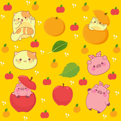 vector illustration of little cat in an orange, pig in an apple, in cute cartoon style