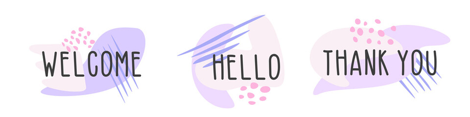 Set of flat icon template with text Hello, Thank you, Welcome in purple and dark gray with shapes, lines and dots for web, posters, stickers