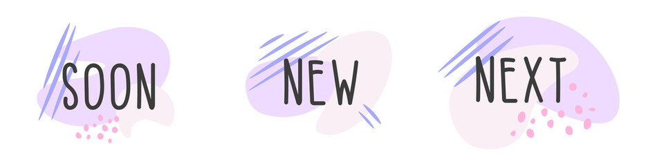 Set of flat icon template with text New, Next, Soon in purple and dark gray with shapes, lines and dots for web, posters, stickers