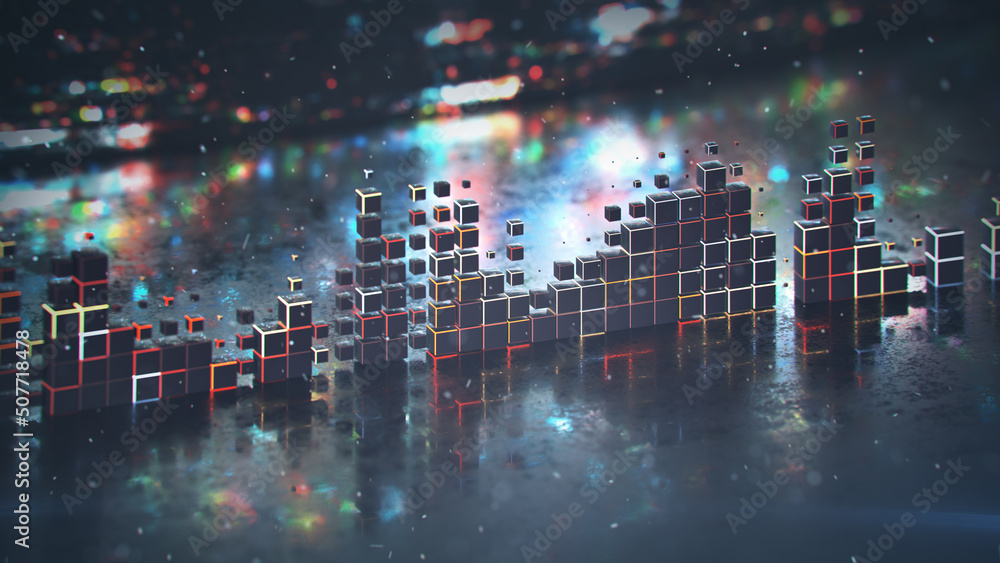 Poster equalizer or spectrum analyzer and glitching screen 3d rendering illustration