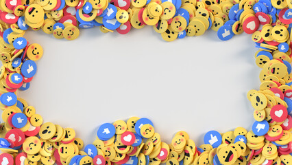 Frame of social media unique design emojis and likes 3D render