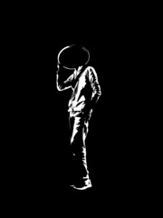 a man with a hat that looks like a samurai with a black and white threshold stencil style