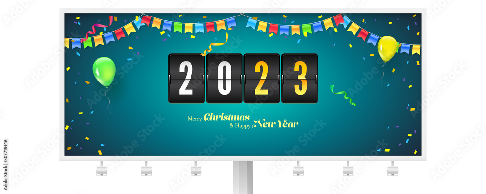 Aufkleber billboard with mechanical timer countdown to 2023 new year. carnival background