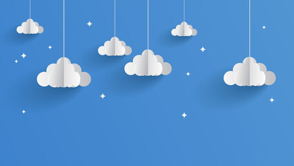 Paper art of clouds hanging in blue sky background vector illustration
