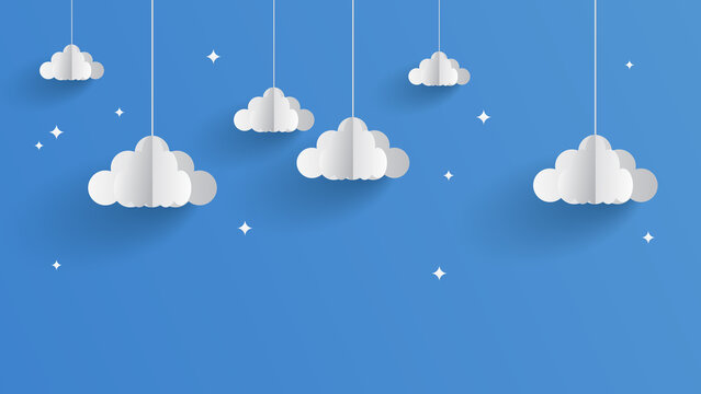 Paper art of clouds hanging in blue sky background vector illustration