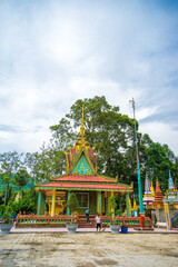 view of Chikaeng Krom pagoda in Tri Ton town, one of the most famous Khmer pagodas in An Giang province, Mekong Delta, Vietnam. Travel and religious concept.