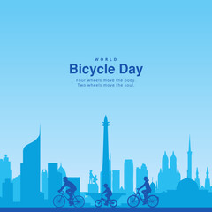 World Bicycle Day with Riders on the Road City Skyline Vector Illustration