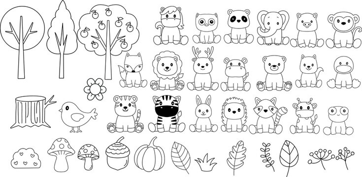 Woodland Animals Bundle,wild animals, Coloring Forest , Big collection of decorative for kids, baby characters, card,hand drawn, cartoon style, .vector illustration