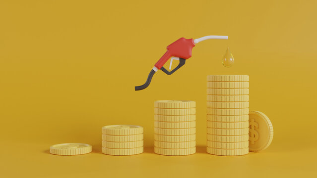 Fuel dispenser on dollar coins graph concept, high oil crisis, expensive oil concept. 3d rendering illustration.
