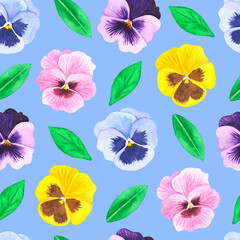 Seamless violet pattern. Pansies. Watercolor illustration. Isolated on a blue background.