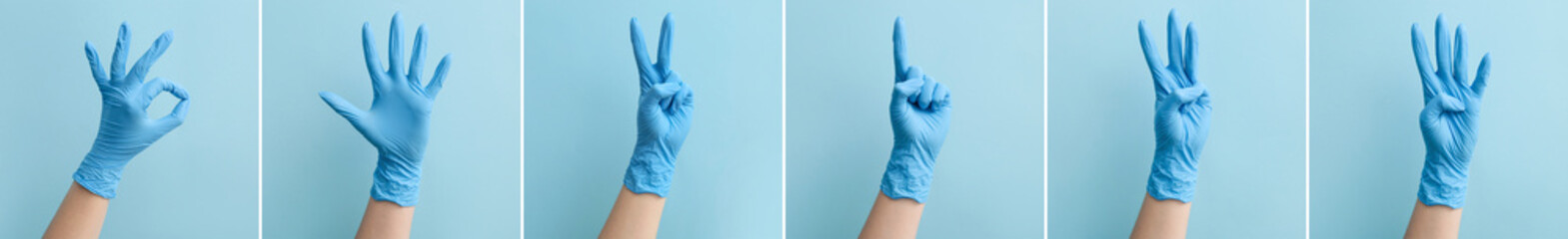 Set of hands in rubber gloves showing different gestures on light blue background